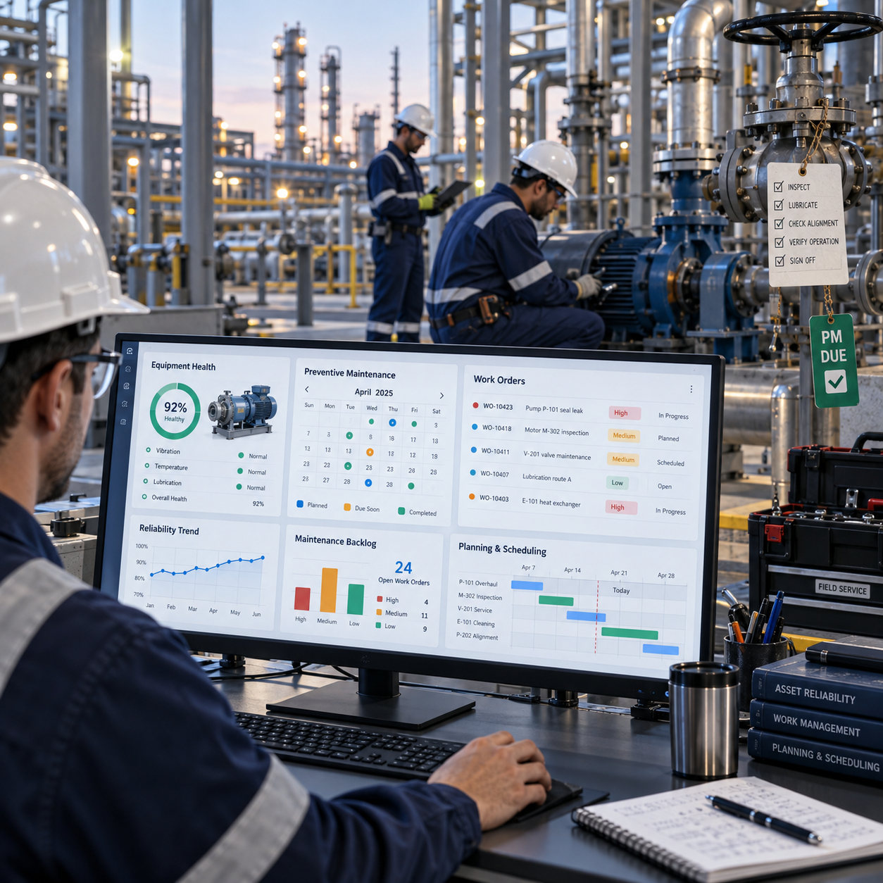 Workers in safety gear monitor equipment at an industrial plant, with a control room display showing equipment health, work orders, maintenance schedule, and reliability trends.
