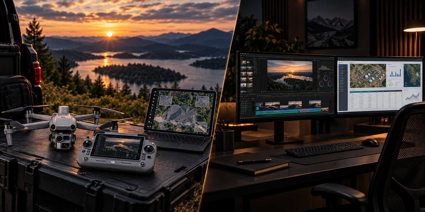 Split view of outdoor landscape photography setup with drone and camera equipment on a table overlooking a sunset over a lake and mountains, and an indoor editing workspace with dual monitors displaying photo editing software and aerial images.