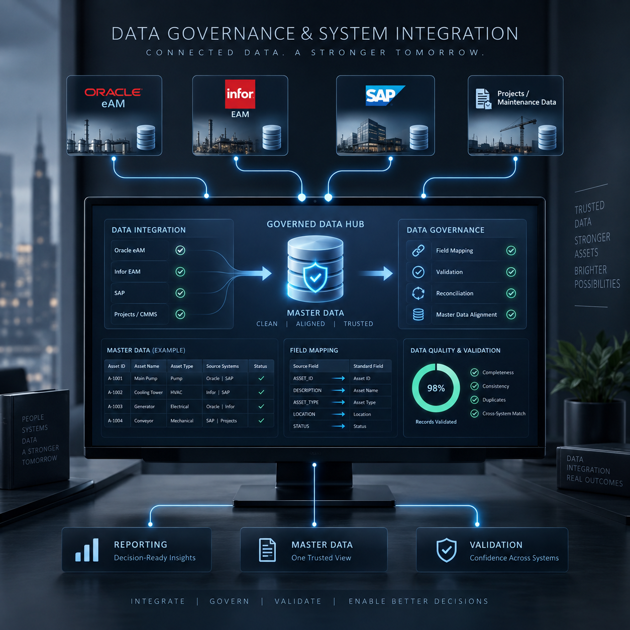 Diagram illustrating data governance and system integration processes, including connections between Oracle, Infor, SAP, and project maintenance data systems to a governed data hub, with sections on data integration, data governance, data quality, validation, master data, field mapping, and insights, all set against a city skyline background.