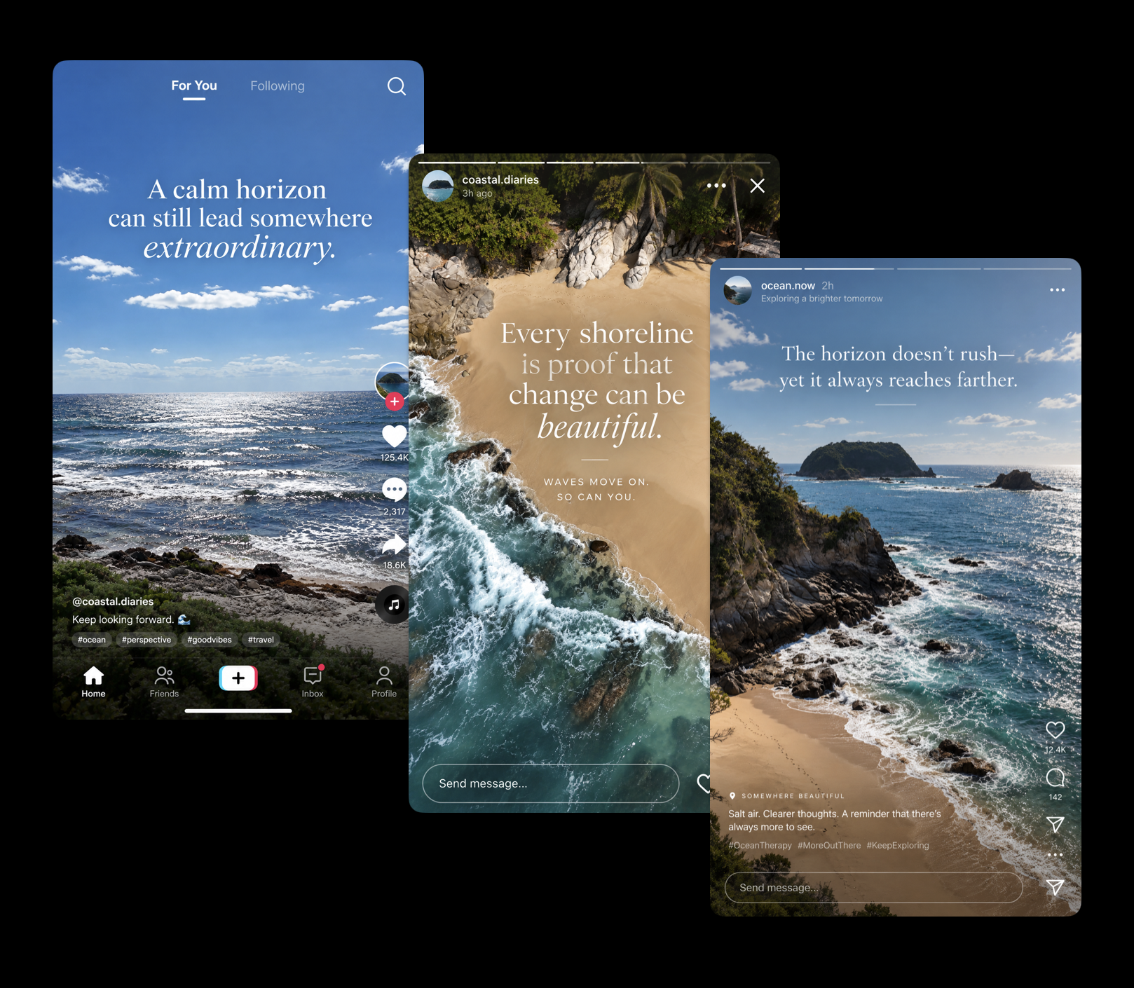 Screenshots of social media posts featuring coastal scenes with ocean waves, beaches, and cliffs along with inspirational quotes about the sea and nature.