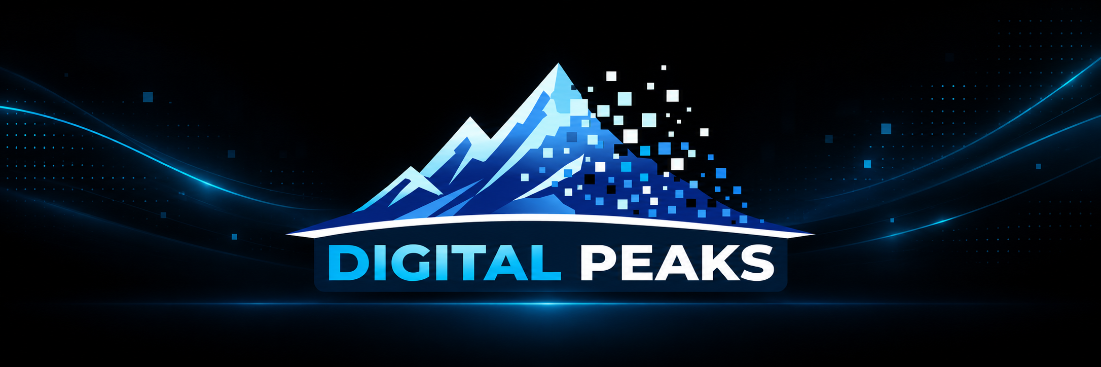 Digital Peaks logo with a stylized mountain in blue and white, background with digital and wave elements, and the text 'Digital Peaks'.