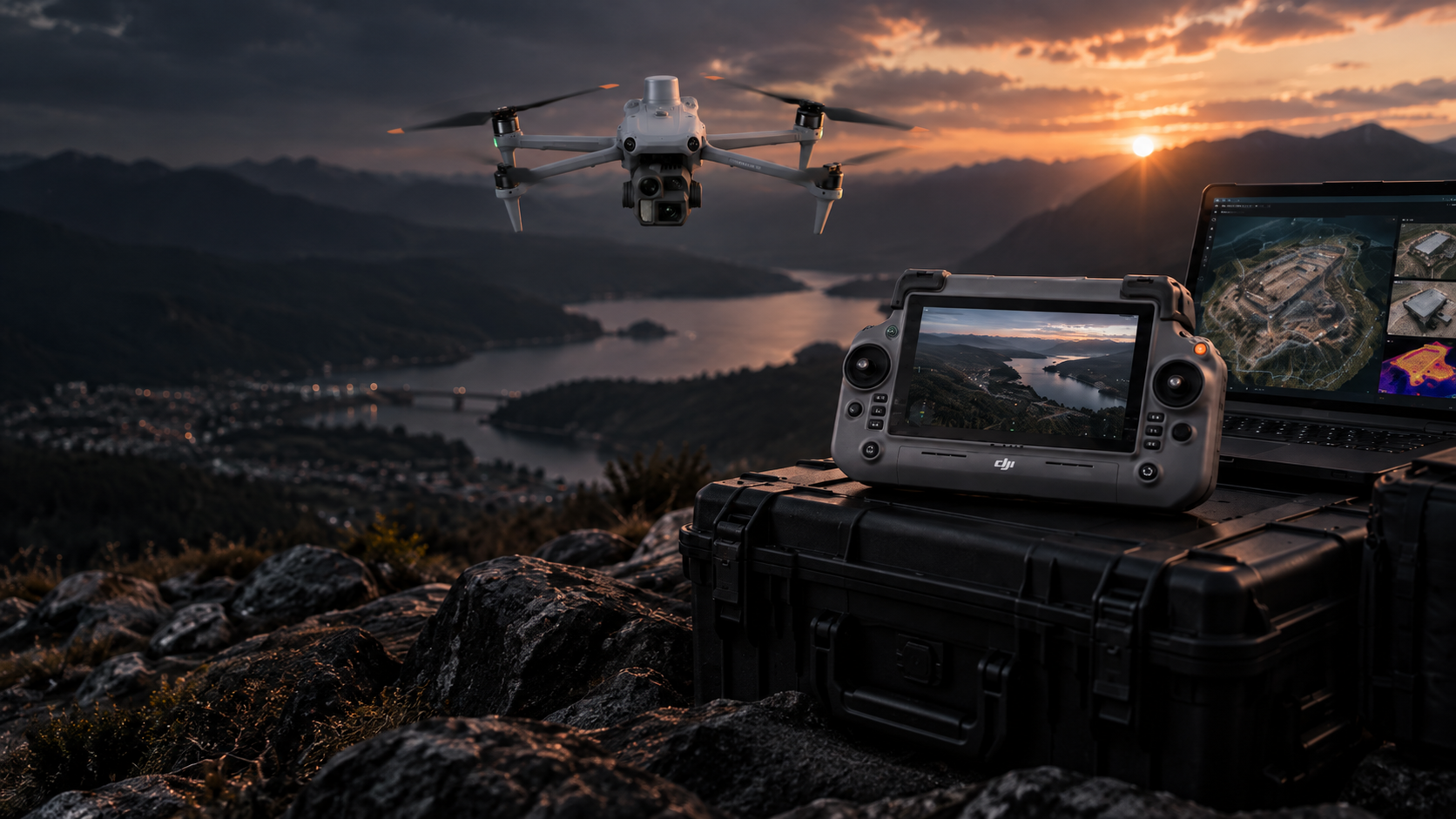 A drone flying over a scenic landscape at sunset, with a drone controller, a laptop displaying topographical maps, and a portable monitor set up on rocky terrain in the foreground.