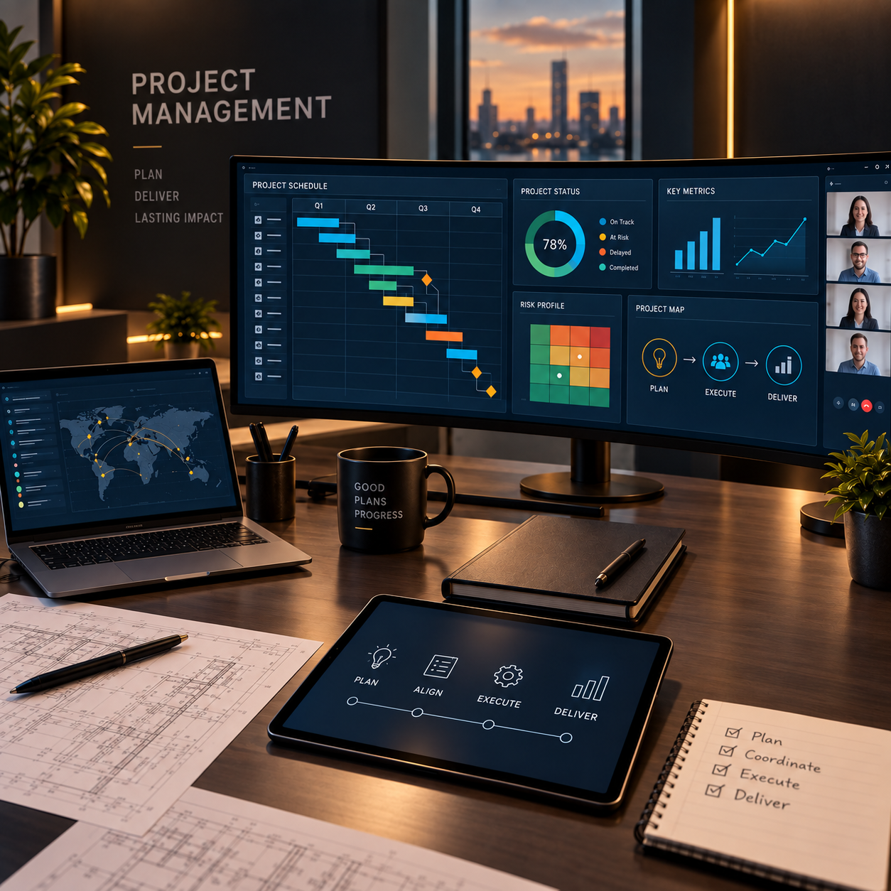 A modern office workspace with multiple screens displaying project management data, a world map on a laptop, a coffee mug labeled 'Good Plans Progress,' a tablet with a project timeline, documents, pens, and potted plants.