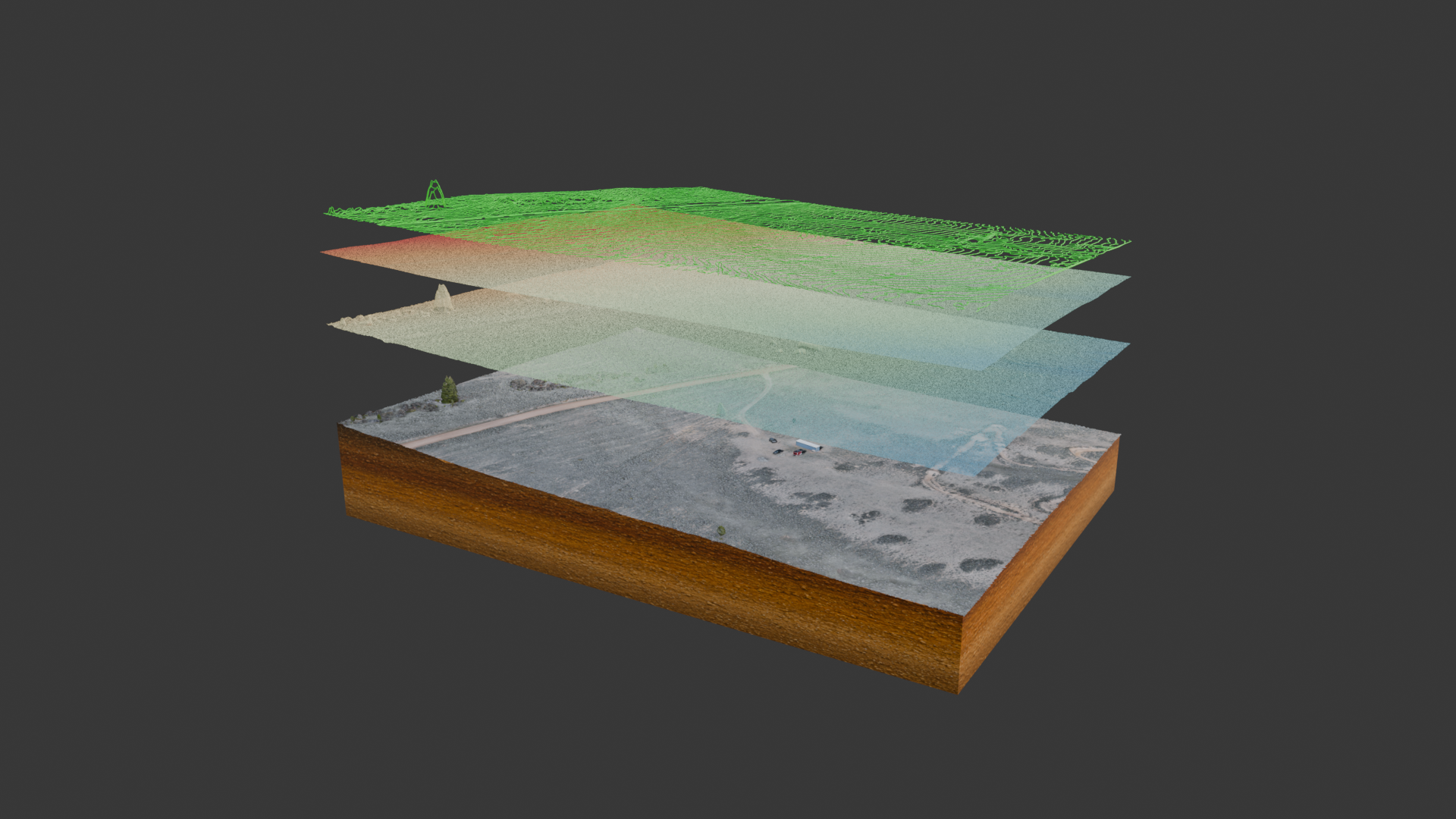 A multi-layered digital terrain model showing different elevation levels, land cover types, and landscape features with color-coded sections.