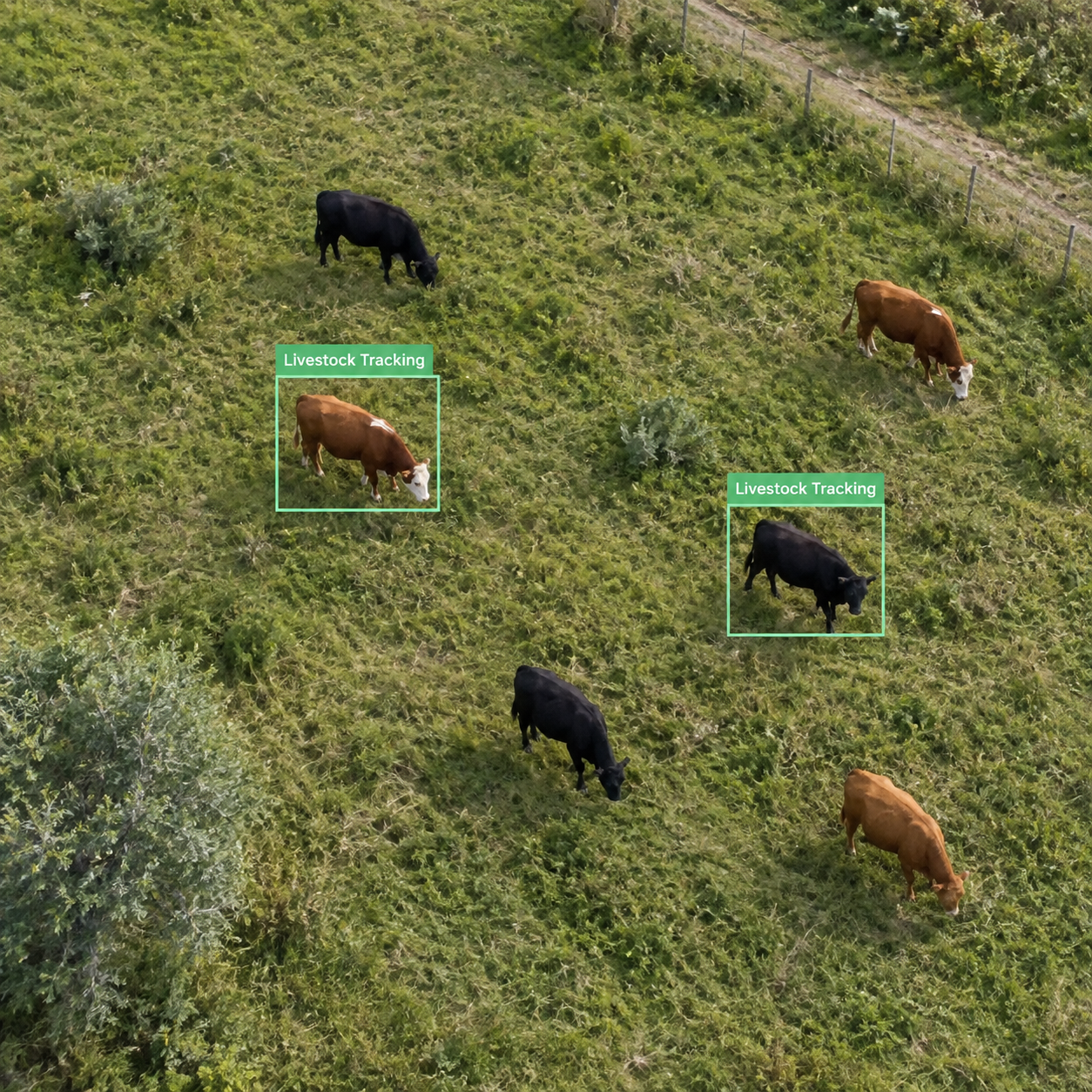 An aerial view of a grassy field with four cows grazing, two labeled with green boxes indicating livestock tracking, one black cow and one brown cow.