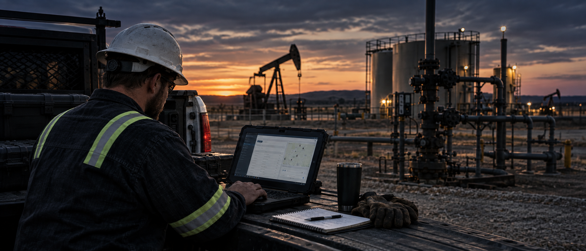 A man wearing a white safety helmet and black safety vest working on a laptop at an oil field during sunset, with oil pumps and industrial tanks in the background.
