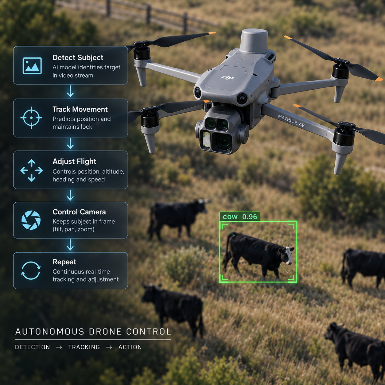 A drone flying above cows in a field with overlayed steps of autonomous drone control, including detect subject, track movement, adjust flight, control camera, and repeat.