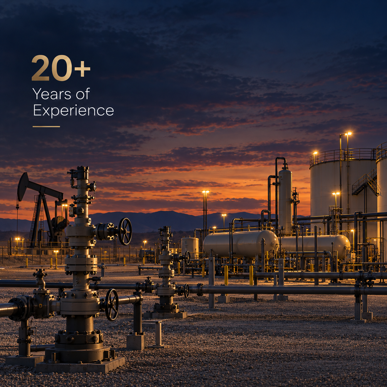 Oil refinery at sunset with pipelines, tanks, and industrial equipment