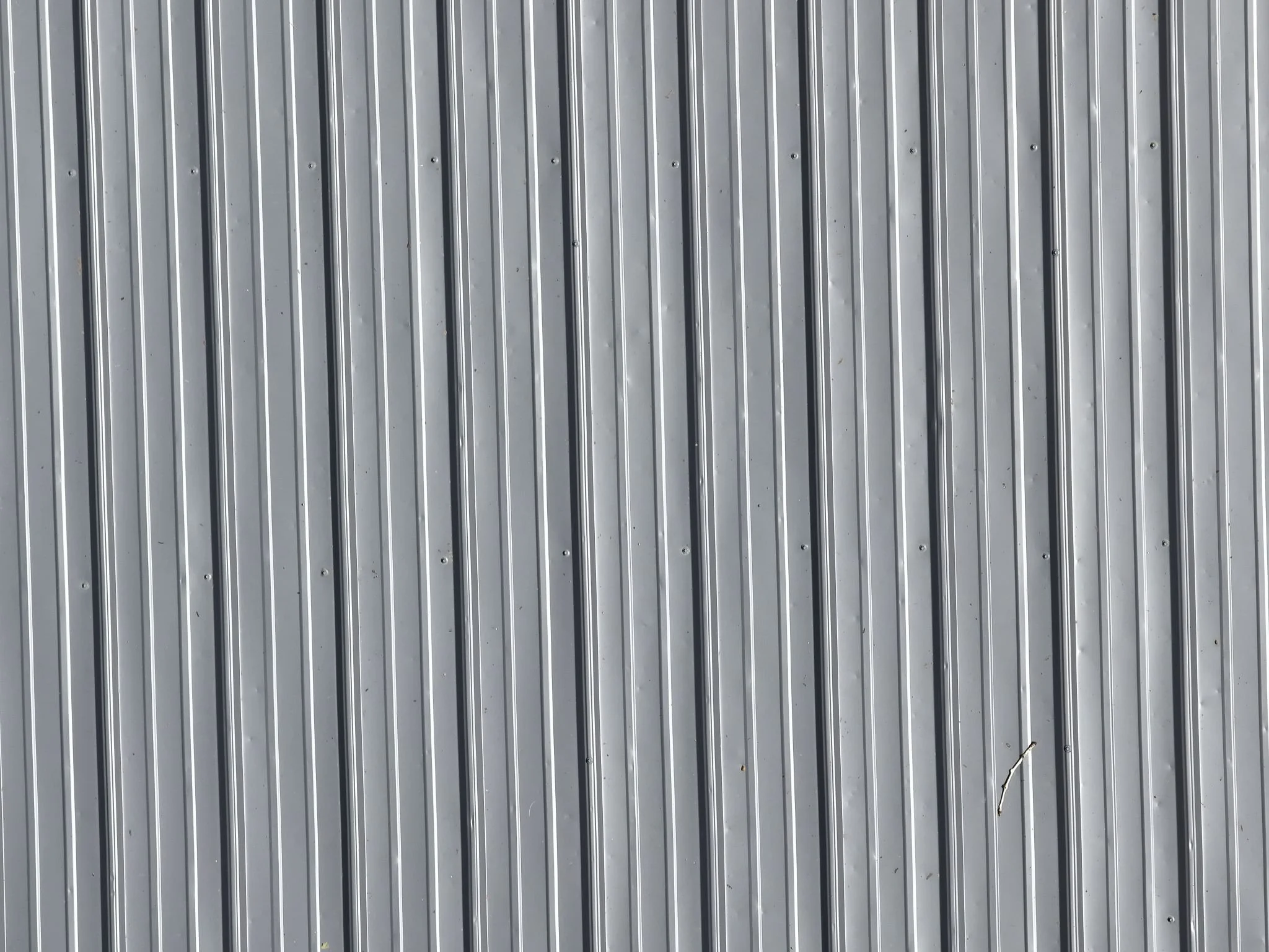 A close-up of a corrugated metal wall or fence with vertical ridges and a few small knots or holes, and a small twig-like branch at the bottom right.