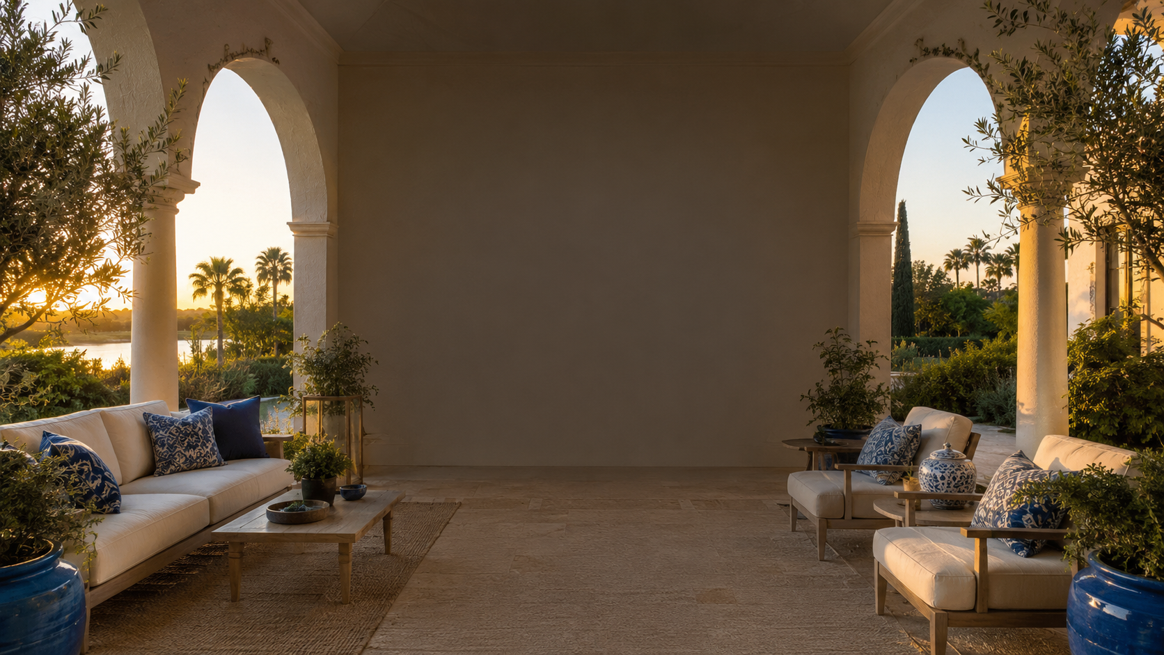 A covered outdoor patio with white sofas and blue cushions, potted plants, and ceramic vases, overlooking a scenic landscape with trees and a body of water at sunset.