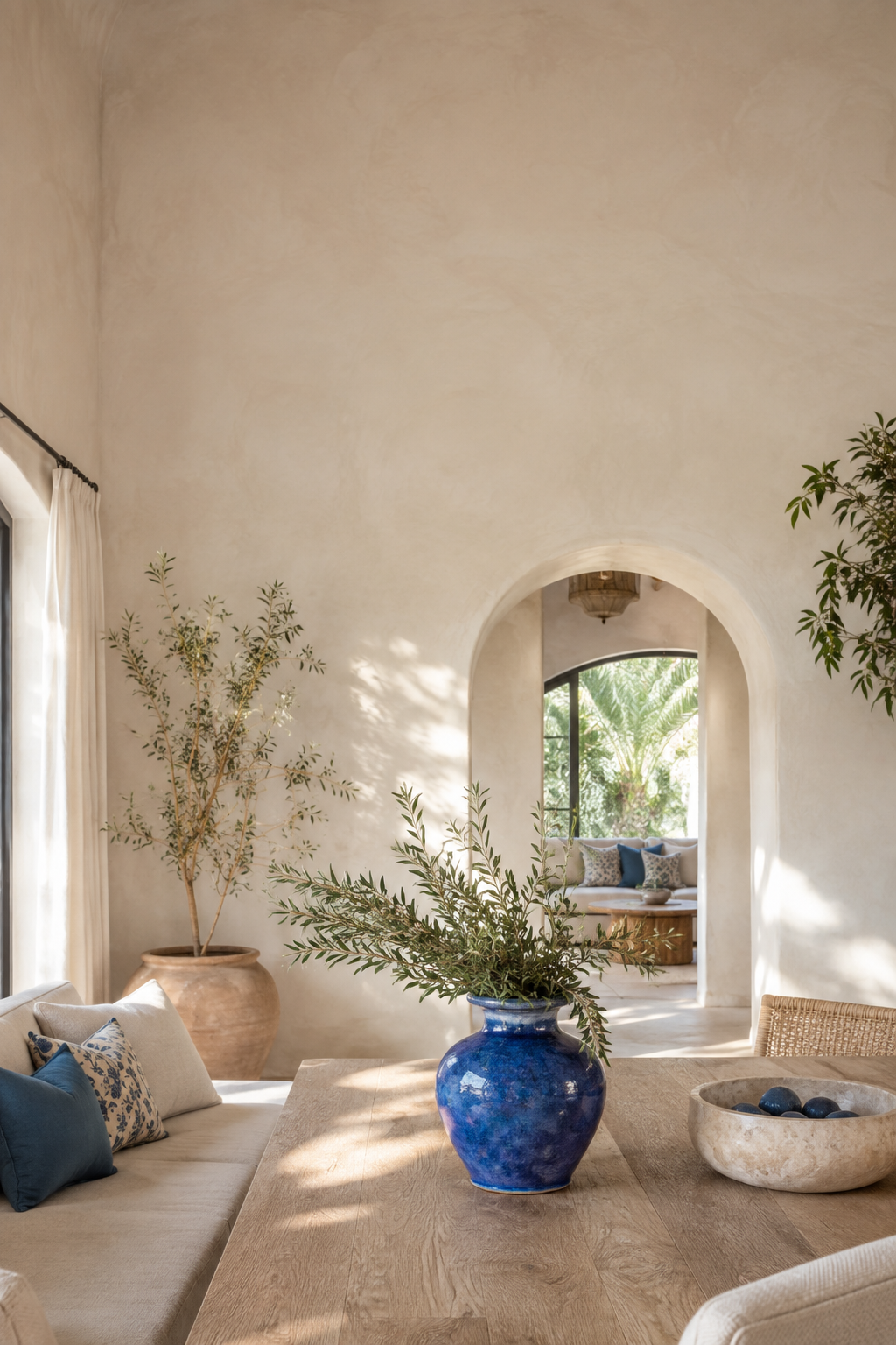Bright and airy living room with neutral tones, large windows, potted plants, a wooden table with a blue vase and decorative bowl, and a cozy seating area with pillows.