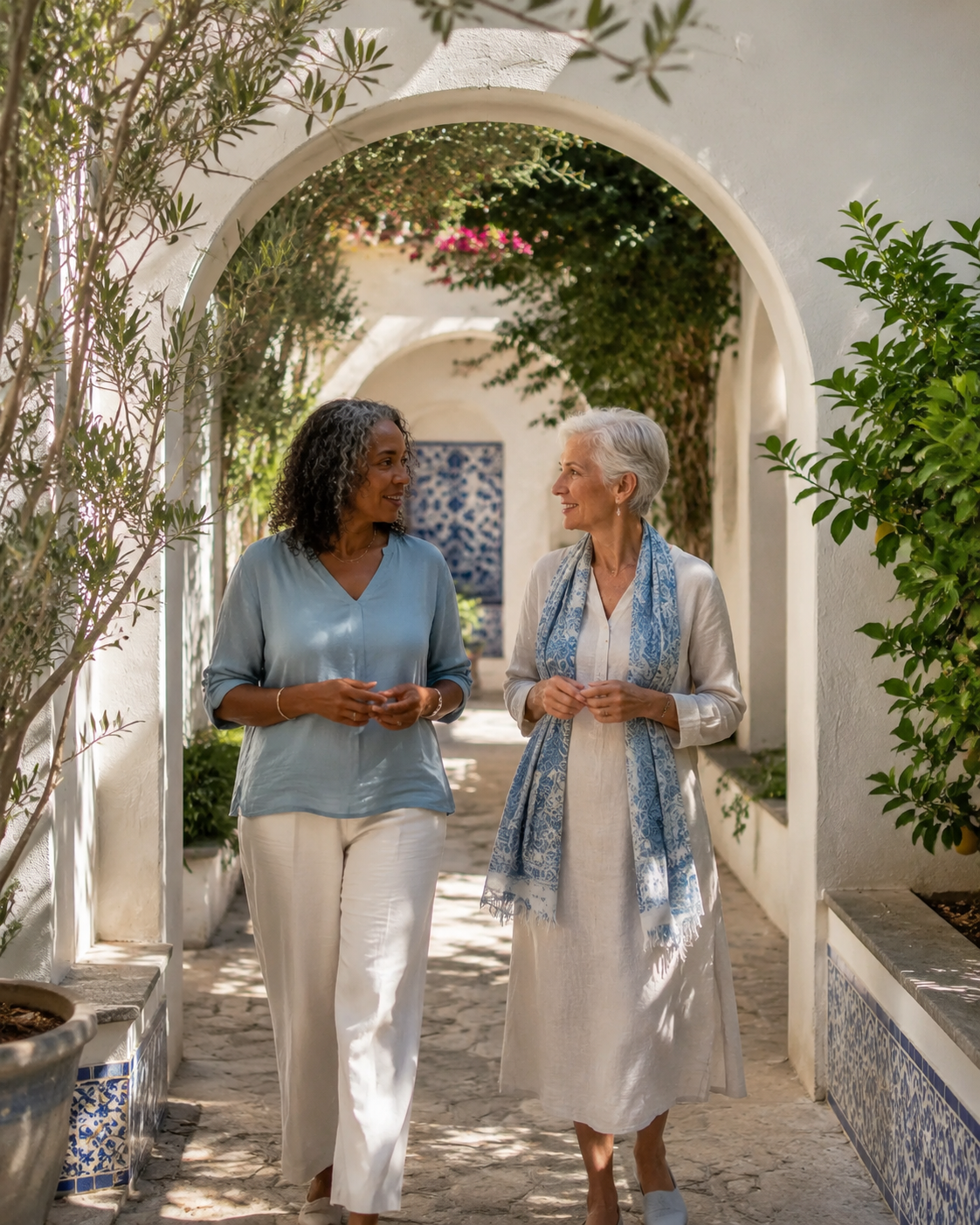 Two women, one younger and one older, walking and talking in an outdoor garden corridor with white walls, arched doorways, and lush greenery.