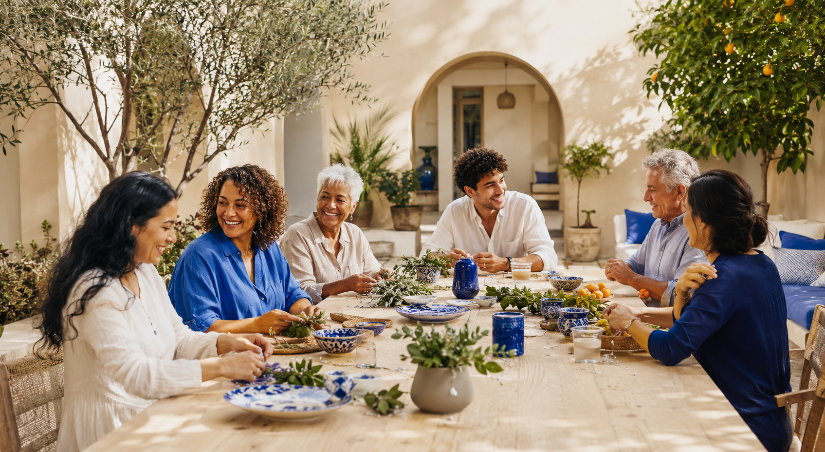 A diverse group of seven people sitting around a rectangular dining table outdoors, smiling and enjoying a meal in a garden patio with trees and potted plants.