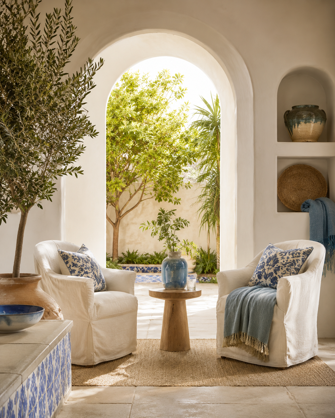 Warm Mediterranean-inspired support space with natural light