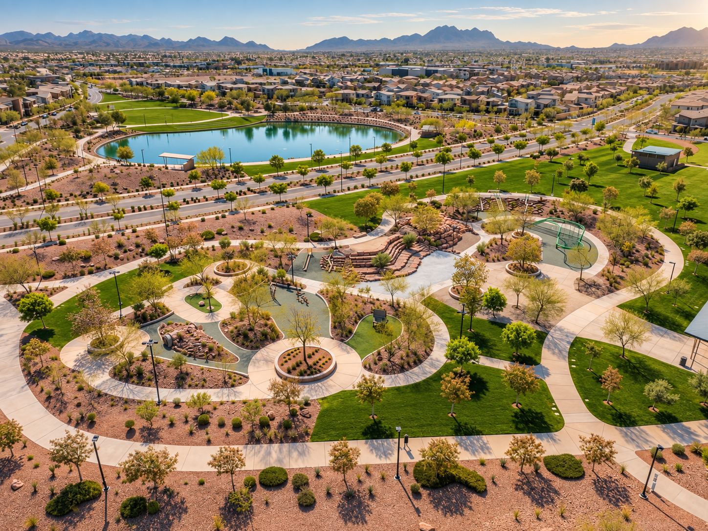 Aerial view of a landscaped park with walking paths, trees, a pond, and residential neighborhoods in the background, with mountains in the distance.