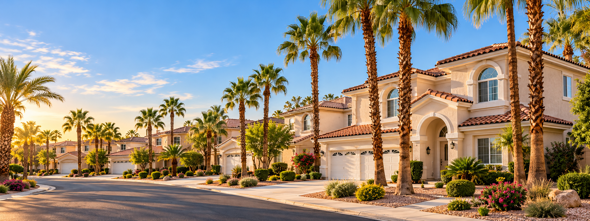 A row of luxurious suburban houses with palm trees lining the street at sunset.