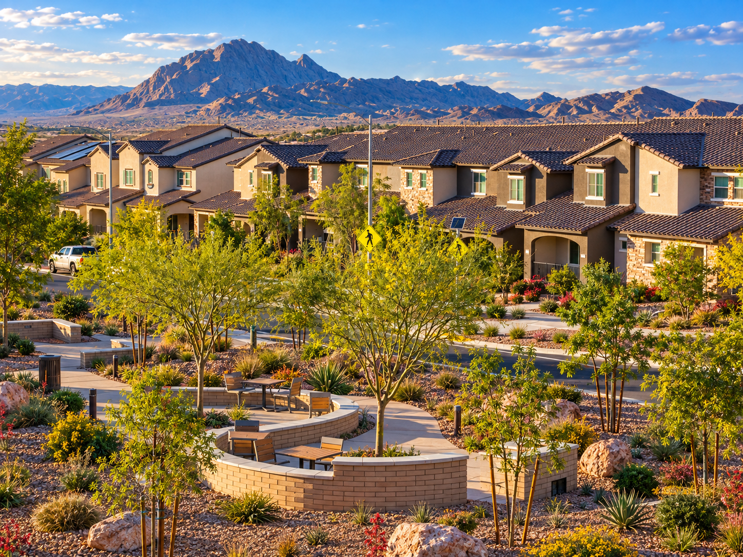 Residential neighborhood with row of townhouses, landscaped park with trees, benches, and walking paths, mountains in the background, clear blue sky.