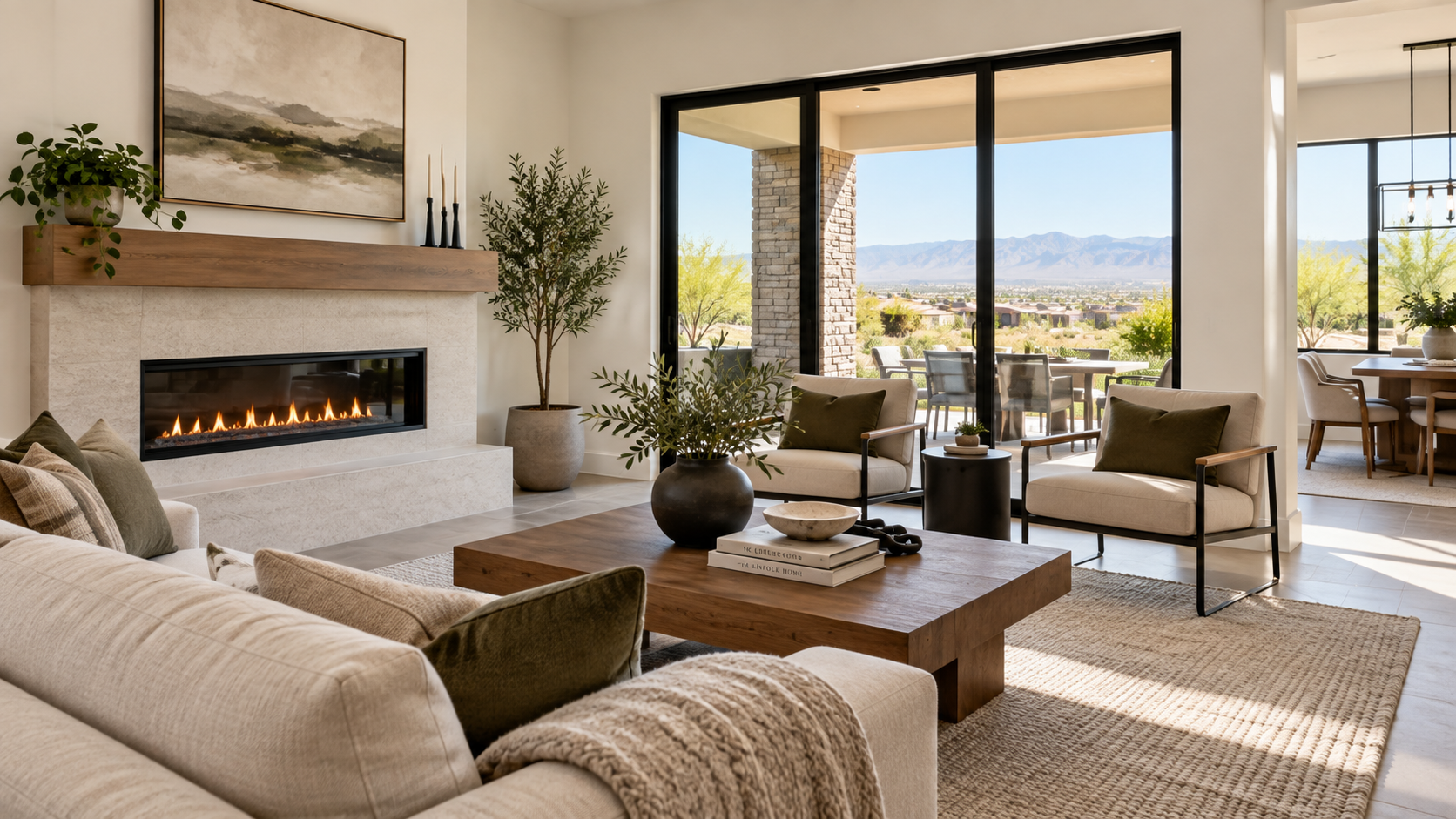 Living room with fireplace, beige sofa, armchairs, wooden coffee table, potted plants, large sliding glass doors leading to outdoor patio with mountain view.