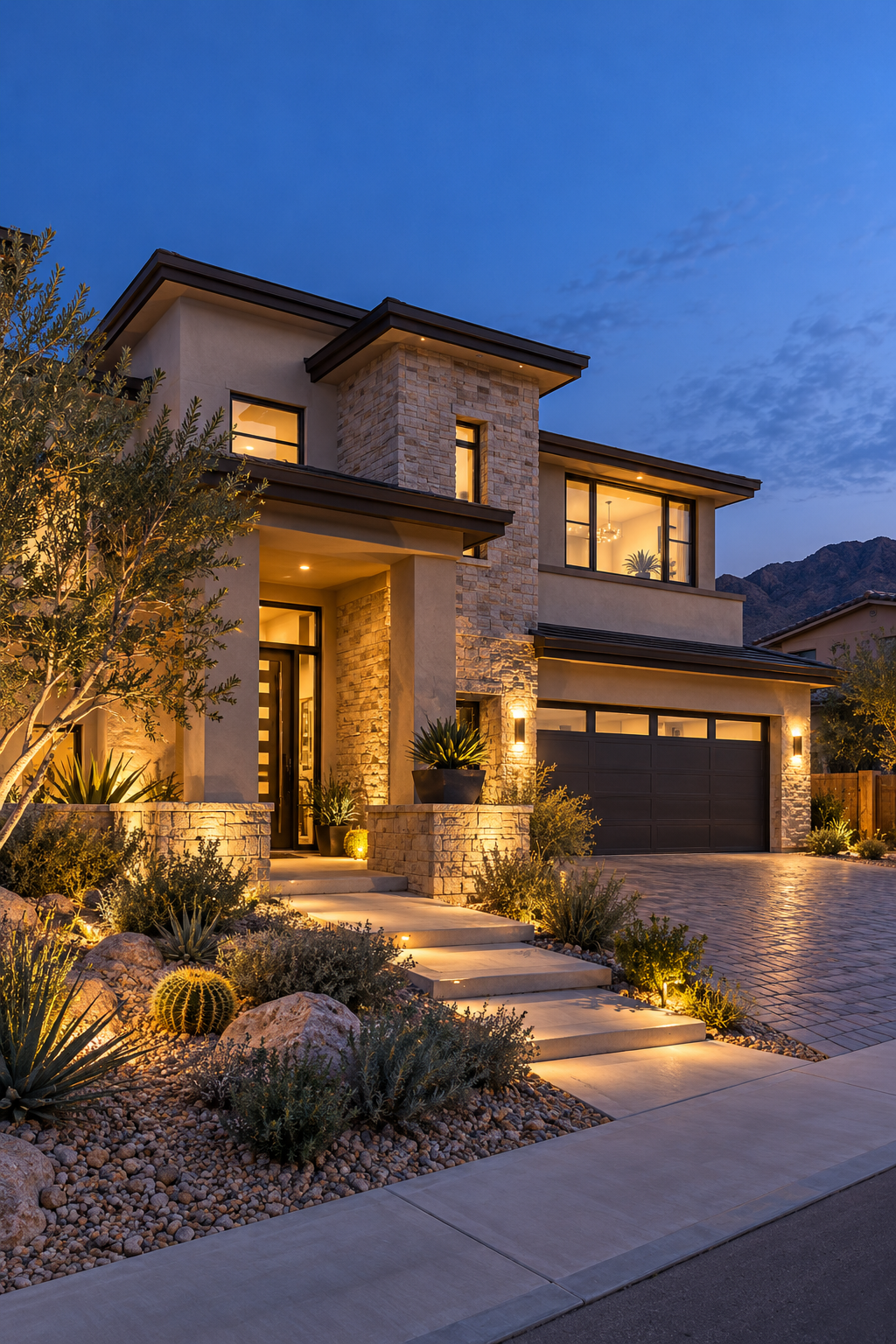 Modern Las Vegas home with desert landscaping at twilight