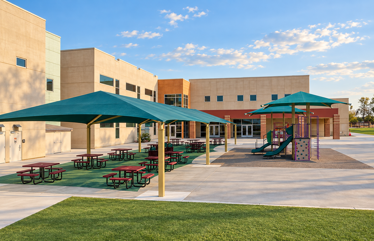 School playground area with picnic tables under large teal shade structures and a small play structure with slides and climbing elements, in front of a modern school building on a sunny day.