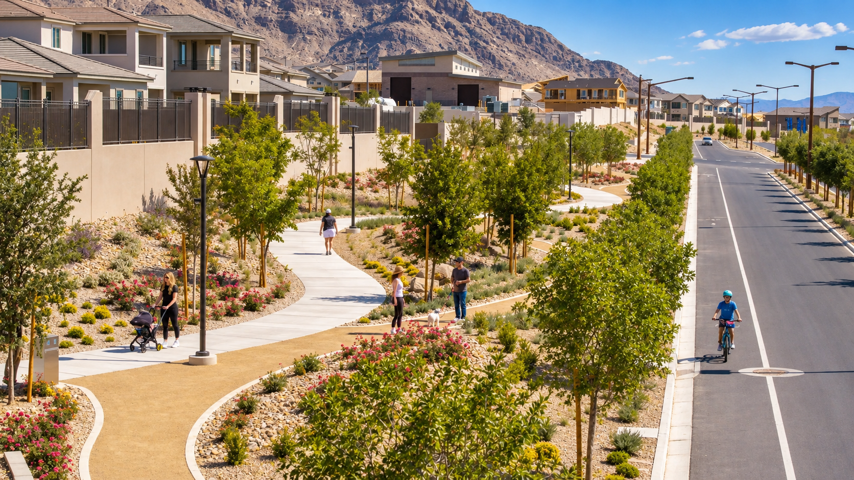 Summerlin park, walking trails, and mountain views