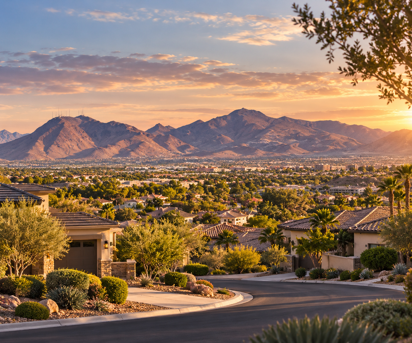 Henderson, Nevada neighborhoods with desert mountains at sunset