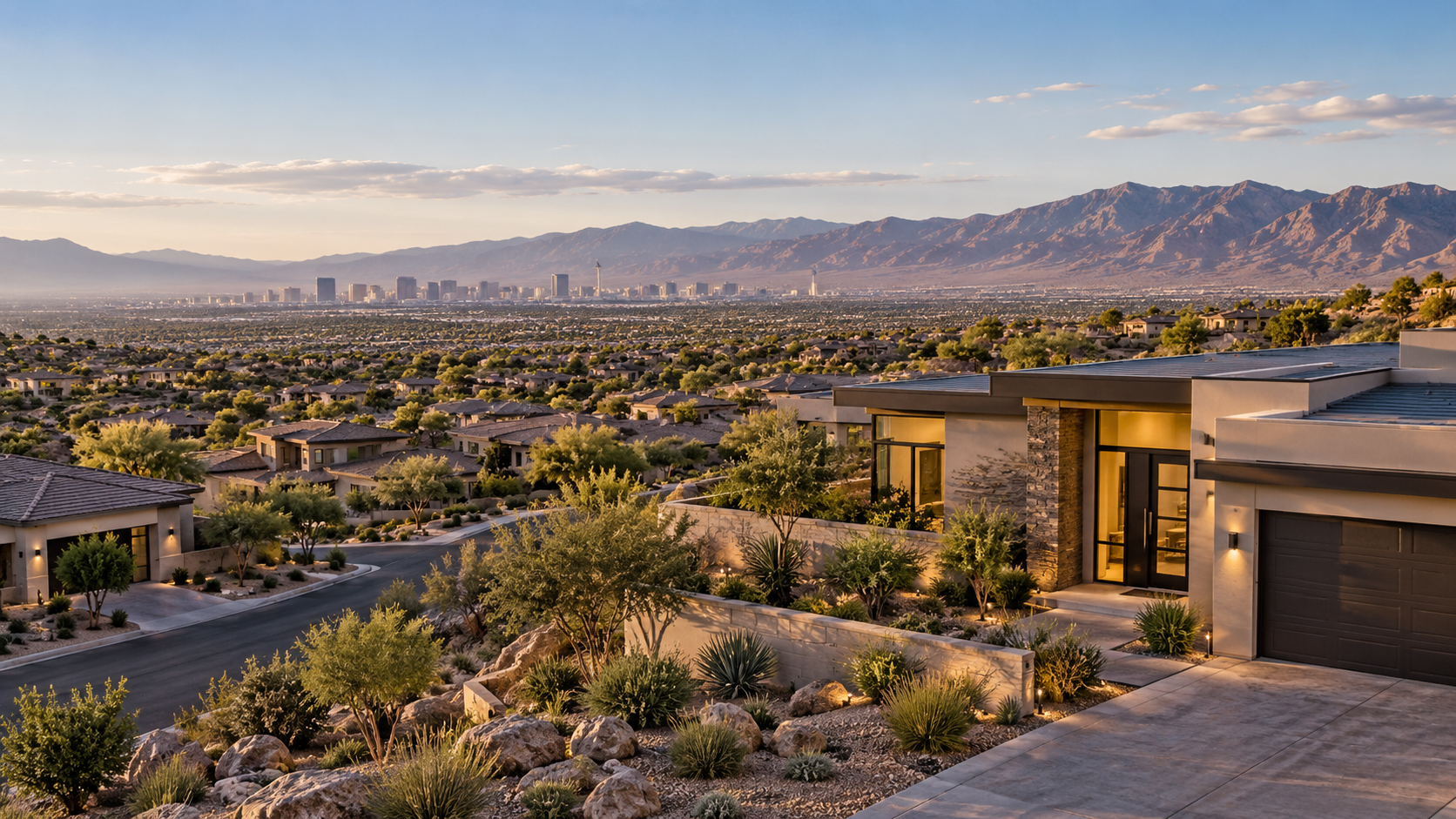 Modern Las Vegas house with desert landscaping, city skyline, and mountains in the background during sunset.