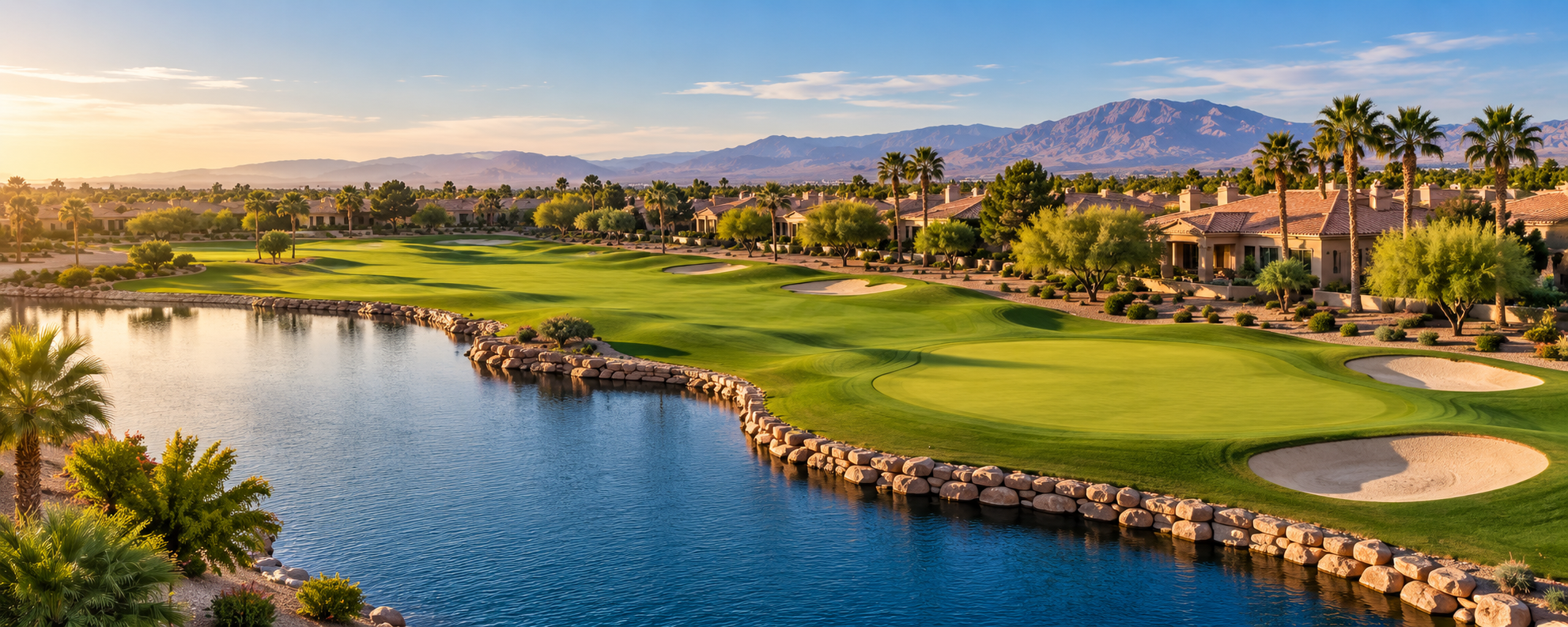 Scenic view of a golf course with a water hazard, surrounded by palm trees, residential houses, and mountains in the background during sunset.