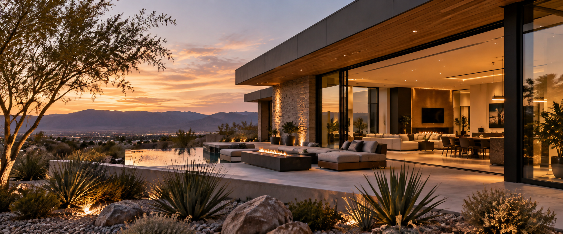 Modern Las Vegas house with large glass windows overlooking a desert landscape at sunset, with an outdoor seating area and fire feature.