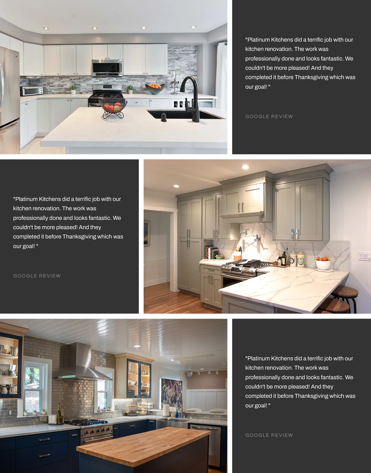 Collage of three professionally renovated kitchens with modern cabinetry, quartz countertops, islands, appliances, and Google review testimonials for Platinum Kitchens