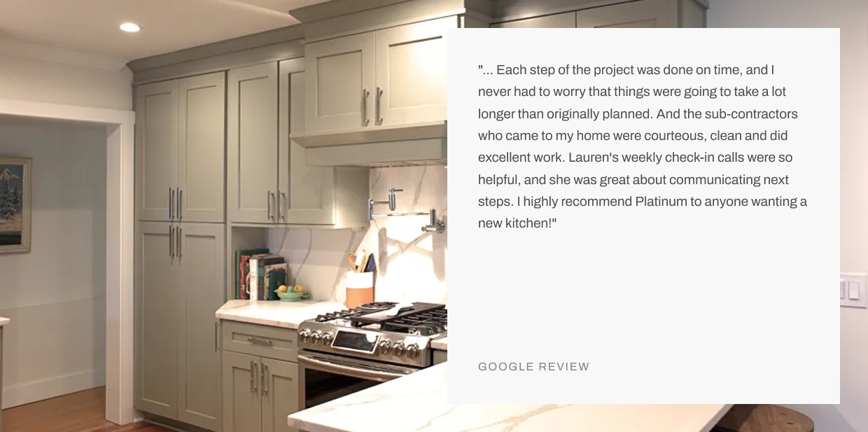 Modern remodeled kitchen with gray cabinets, marble countertops, stainless steel range, and Google review testimonial overlay