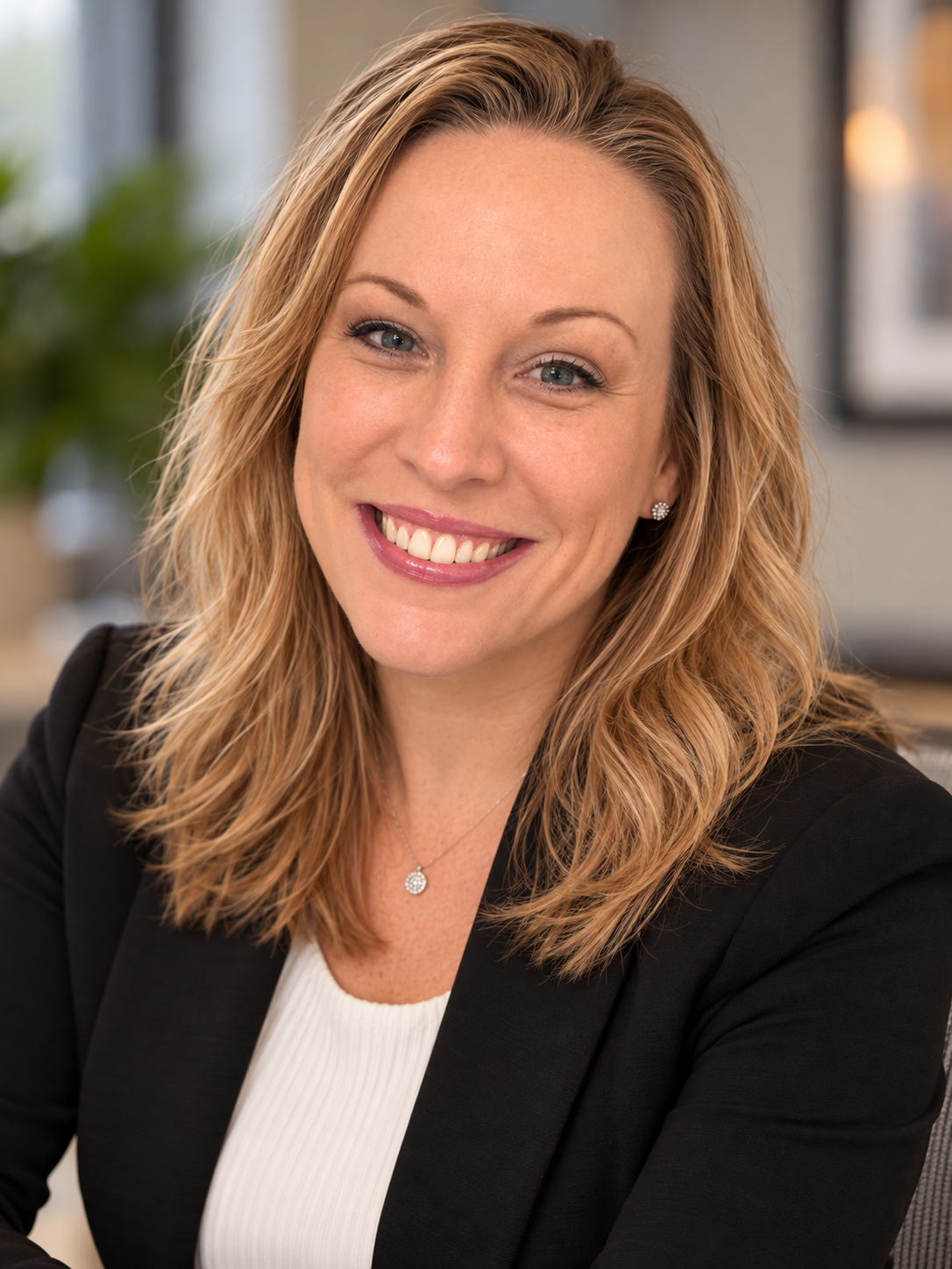 A woman with blonde hair smiling, wearing a black blazer, a white top, and jewelry in an office setting.