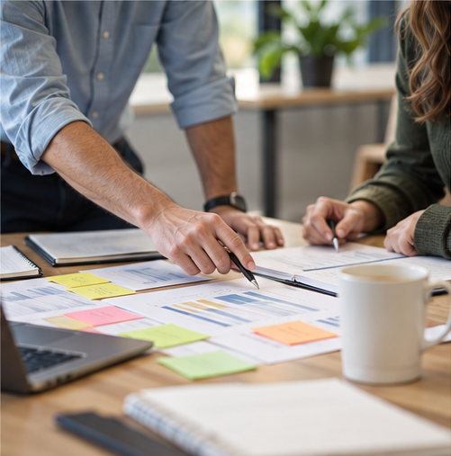 Two people collaborating over a desk with papers, charts, sticky notes, and a laptop in a modern office