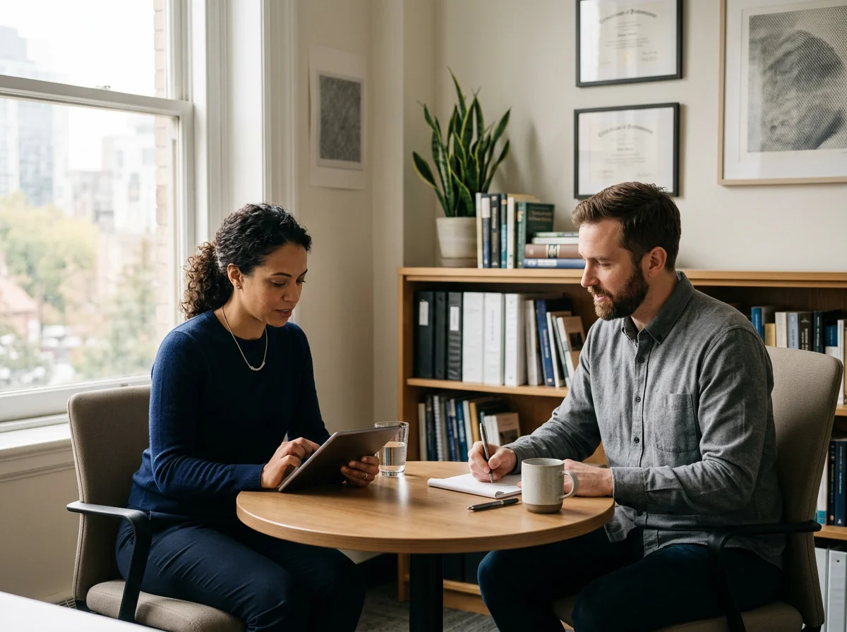 A woman and a man sit at a round wooden table in an office, engaged in a discussion. The woman is looking at a tablet, and the man is writing in a notebook. There are glasses of water, a mug, and a pen on the table. Behind them is a bookshelf and framed certificates on the wall.