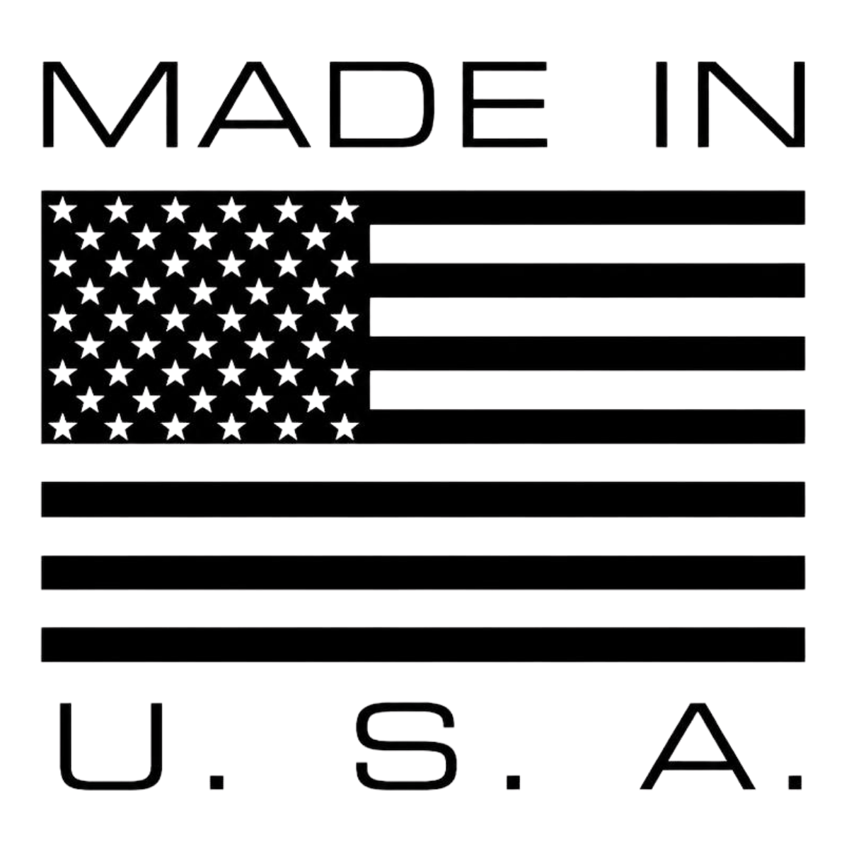 Black and white American flag with the word "MADE IN U.S.A." at the top.