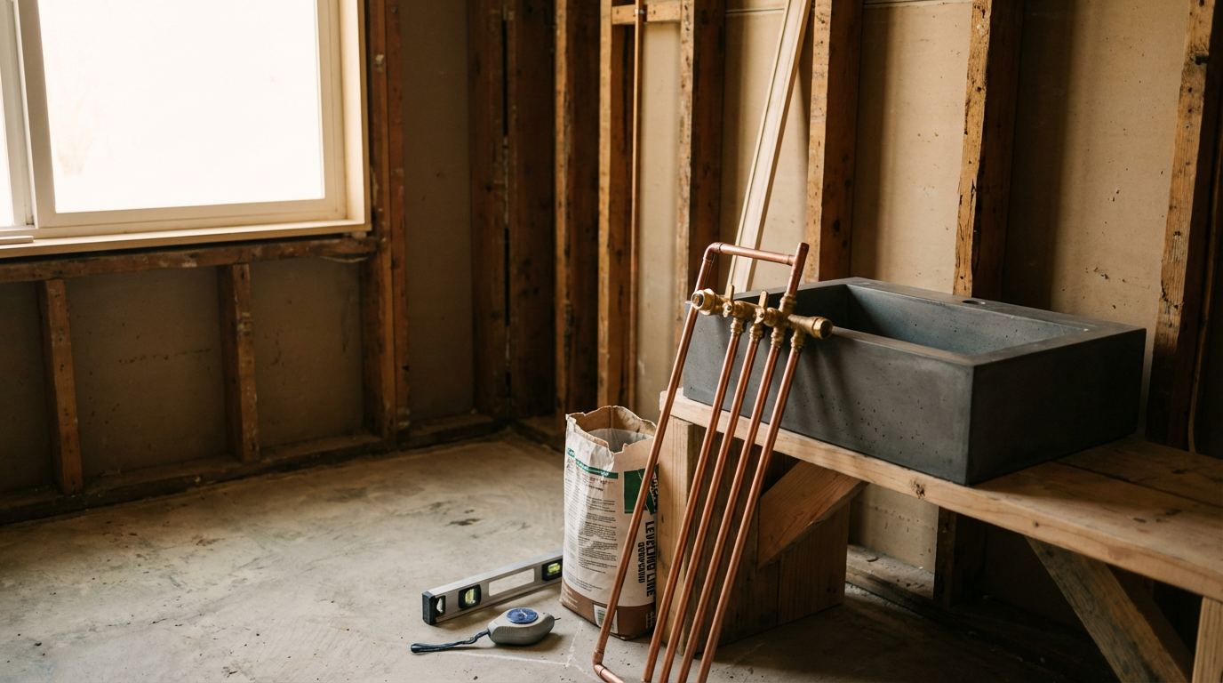 An unfinished room with exposed wooden studs, a window, a concrete sink on a wooden table, a level, a bag of cement or mortar, and copper pipes leaning against the table.