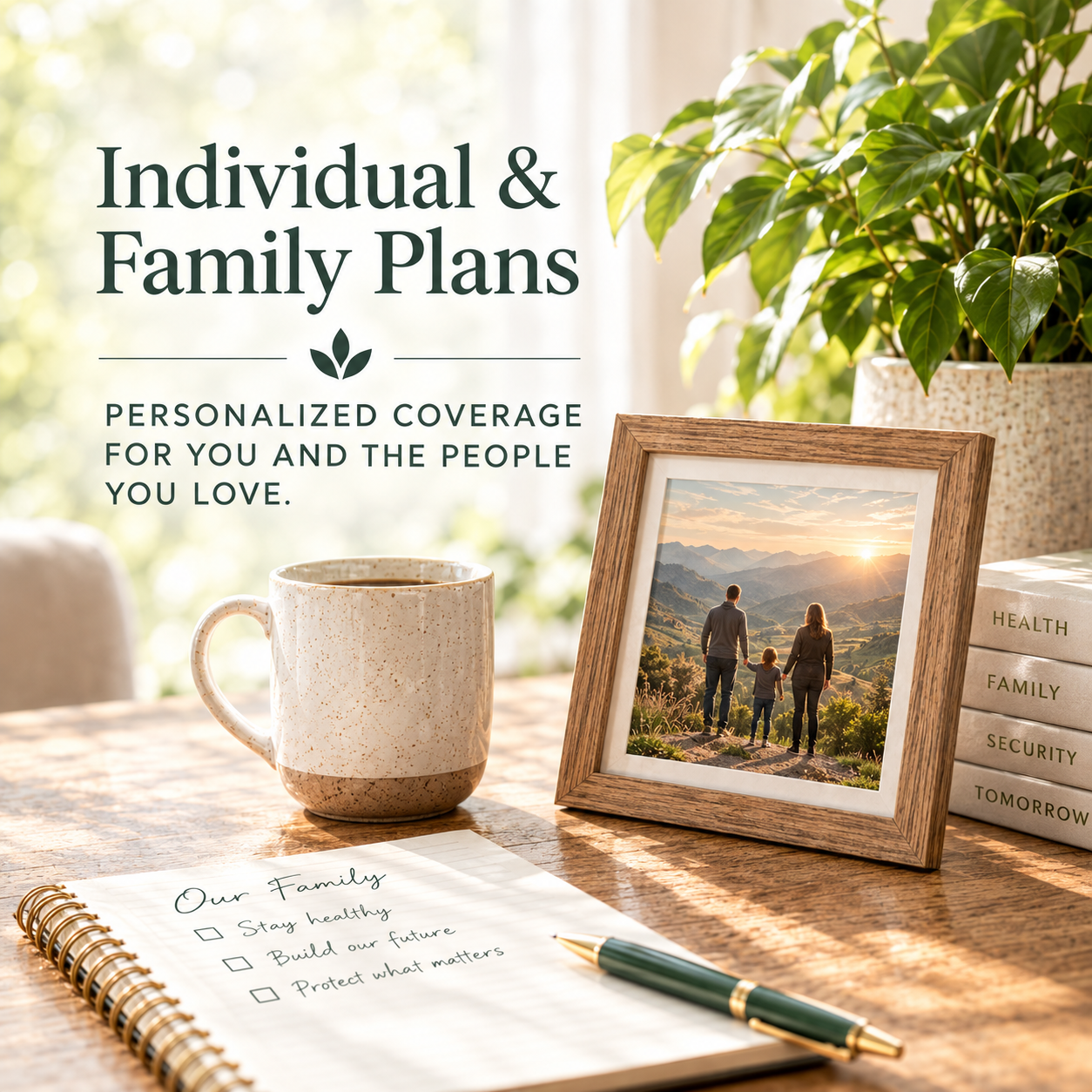 A promotional image for individual and family insurance plans. It features a framed family photo overlooking mountains at sunset, a coffee mug, a checklist titled 'Our Family', a pen, and stacked books labeled 'Health,' 'Family,' 'Security,' and 'Tomorrow' on a wooden table with a plant in the background.