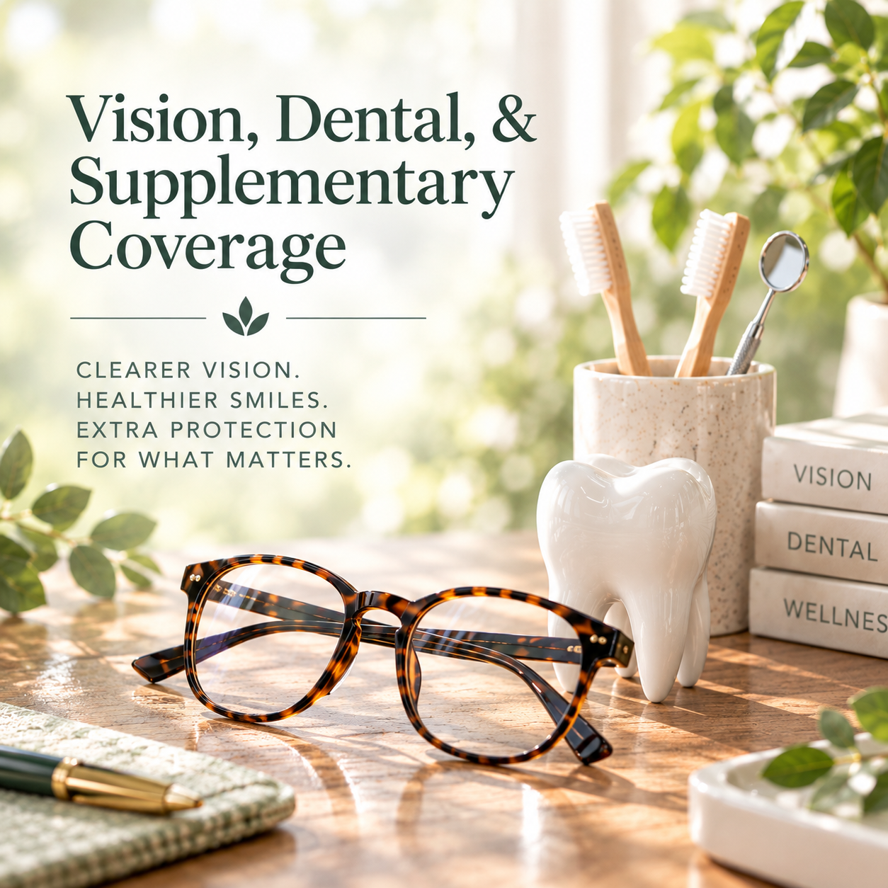Promotion for vision, dental, and supplementary coverage featuring a pair of tortoise shell glasses, a ceramic tooth model, a toothbrush holder with toothbrushes, and a stack of books labeled 'Vision,' 'Dental,' and 'Wellness,' all set on a wooden surface with greenery in the background.