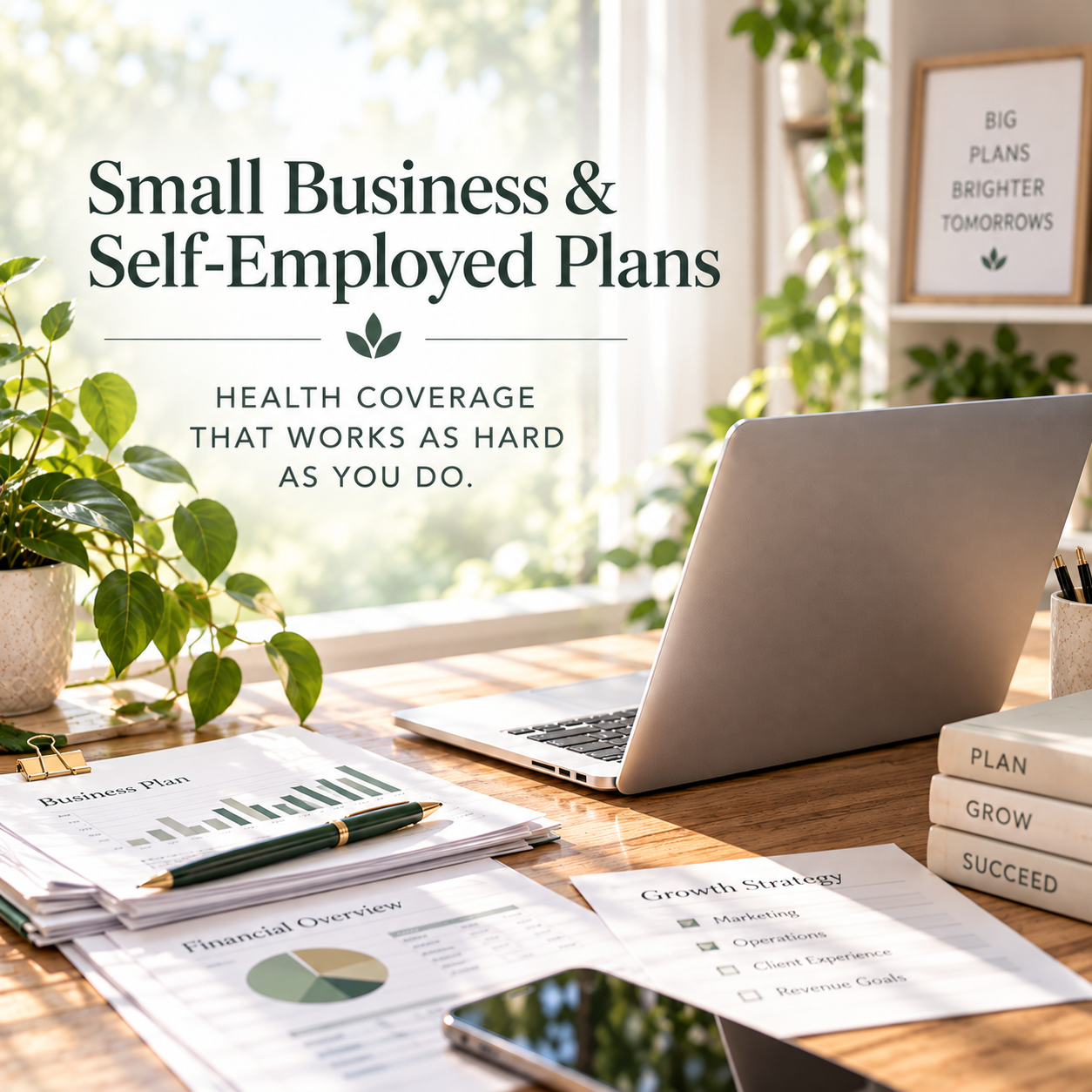 A workspace with a laptop, business plan documents, charts, and potted plants, promoting small business and self-employment health coverage.