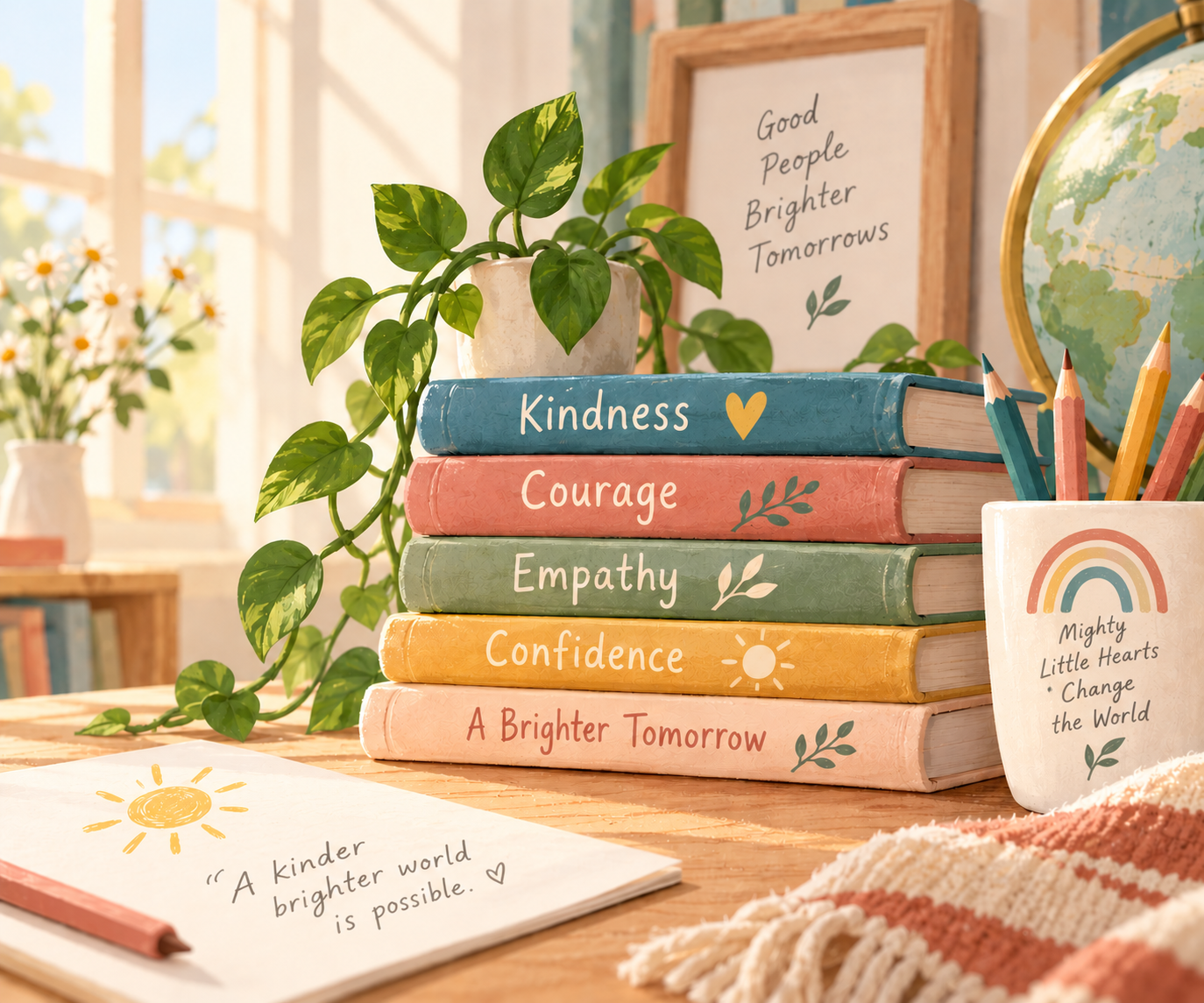 Colorful children's books about kindness, courage, empathy, and confidence displayed on a desk.