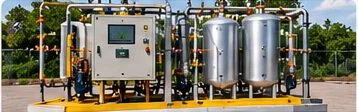 Industrial water treatment equipment with control panel and tanks outdoors