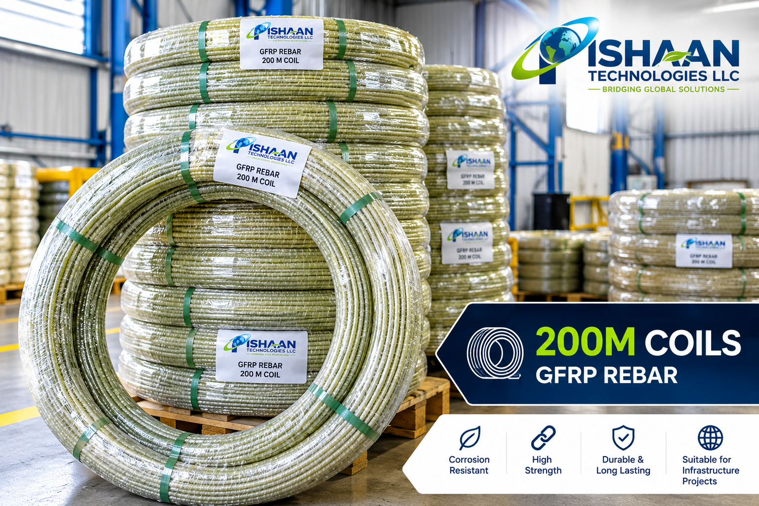 Stacks of coiled green fiberglass rebar with labels reading "GFRP Rebar 200 M Coil" in a warehouse. The warehouse has blue and yellow structural elements, and the right side features a logo and text describing the product as "200 M Coils GFRP Rebar" with icons indicating properties like corrosion resistance, high strength, durability, and suitability for infrastructure projects.