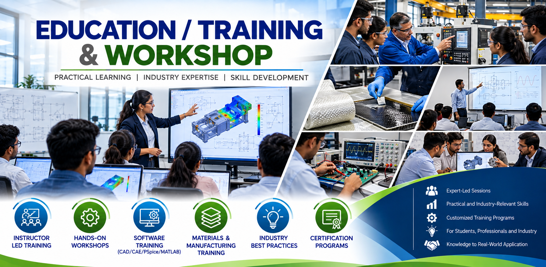 A promotional banner for an education, training, and workshop event featuring images of instructors teaching students in industrial and engineering settings. The banner includes icons and text highlighting expert-led sessions, hands-on workshops, software training, materials and manufacturing training, industry best practices, and certification programs.