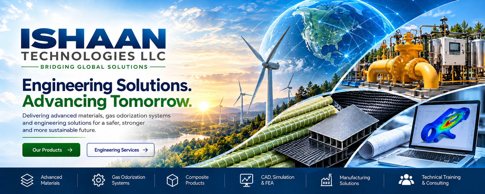 A digital collage featuring renewable energy sources like wind turbines and solar panels, industrial machinery, a computer with a 3D CAD model, and a world map with navigation lines, promoting sustainability and engineering solutions by IShan Technologies LLC.