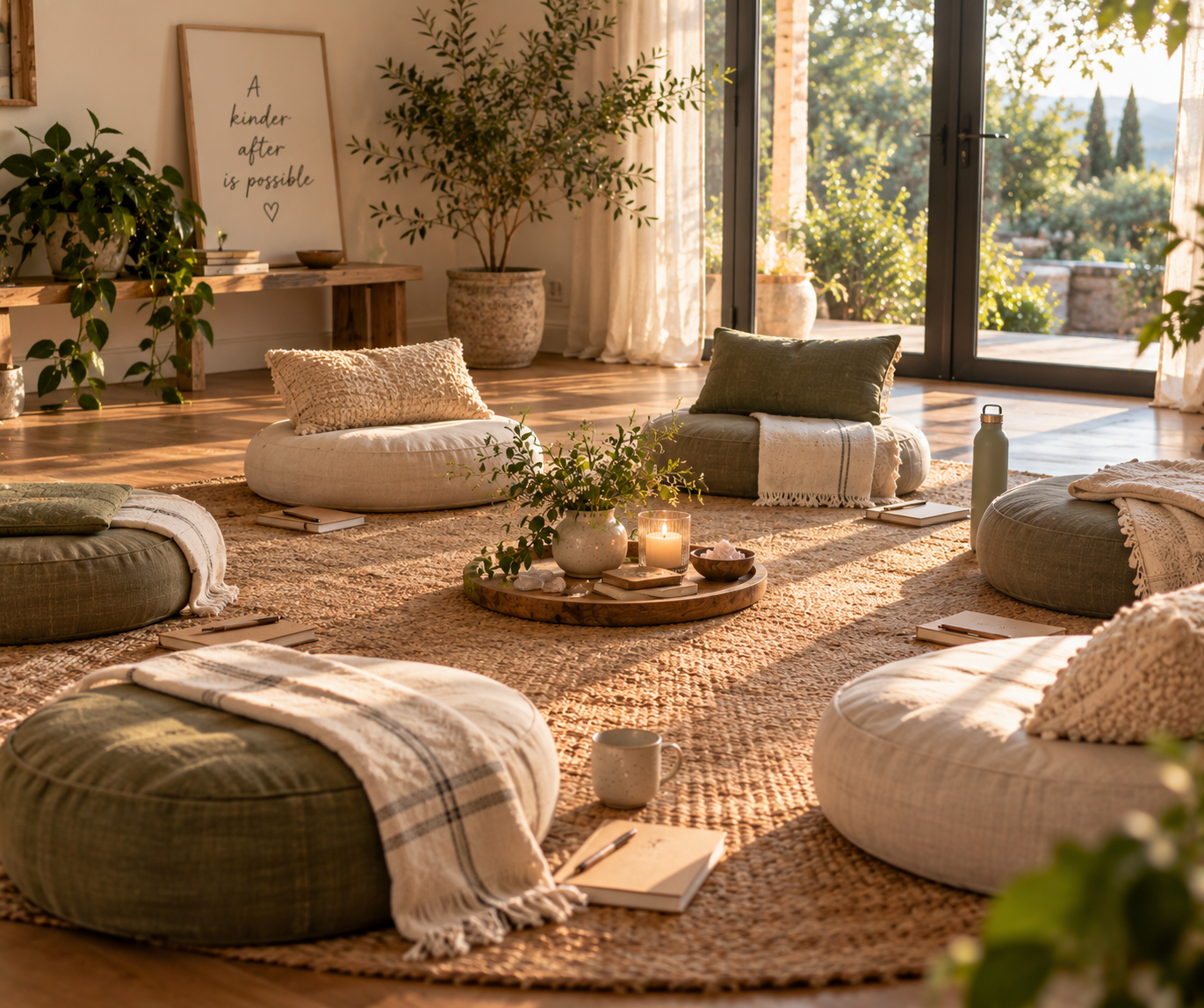A cozy living room with round floor cushions on a woven rug, decorated with blankets and pillows in neutral tones. Sunlight streams through large glass doors to a balcony with greenery outside. A tray with a candle, plant, books, and stones is on the rug. There are potted plants on a wooden bench and a framed sign on the wall.
