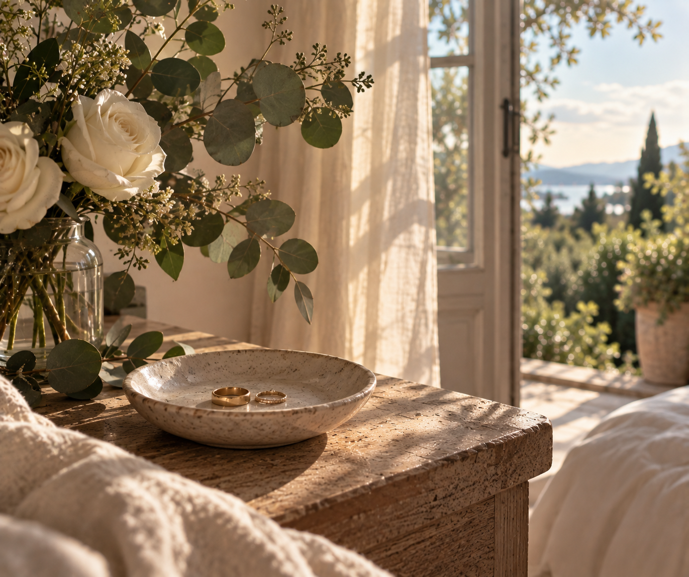 A wooden table with a ceramic bowl holding two wedding rings, surrounded by a vase with white roses and greenery, with sunlight coming through a window onto a scenic outdoor landscape in the background.