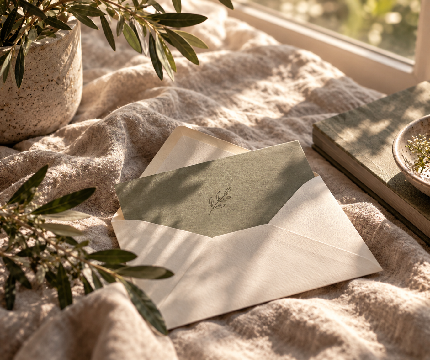 Sunlit scene with a white envelope containing a green card with a leaf illustration, resting on a textured fabric surface near a window, with plants and books nearby.