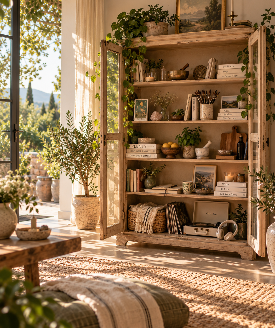 A cozy interior with a wooden bookshelf filled with books and decorative items, next to a large window showing green trees outside, and potted plants adding greenery inside.