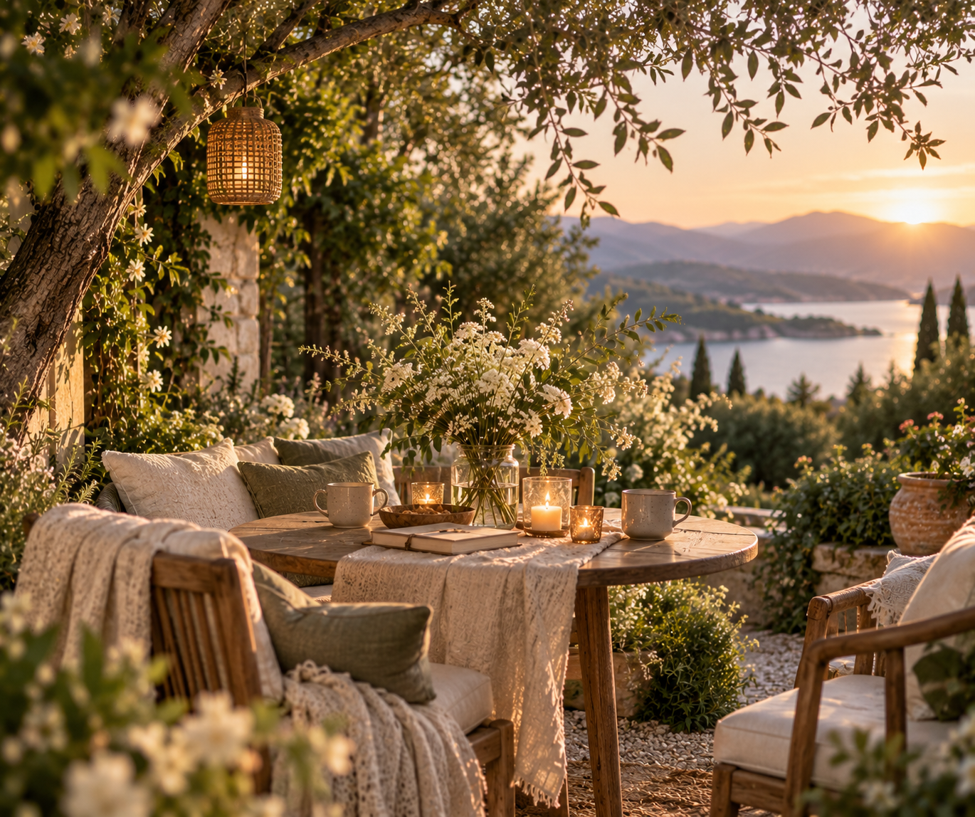 Outdoor dining area at sunset with a round wooden table, white flowers in a glass vase, candles, mugs, and books, surrounded by chairs and cushions under a tree with hanging lanterns, overlooking a lake and mountains.