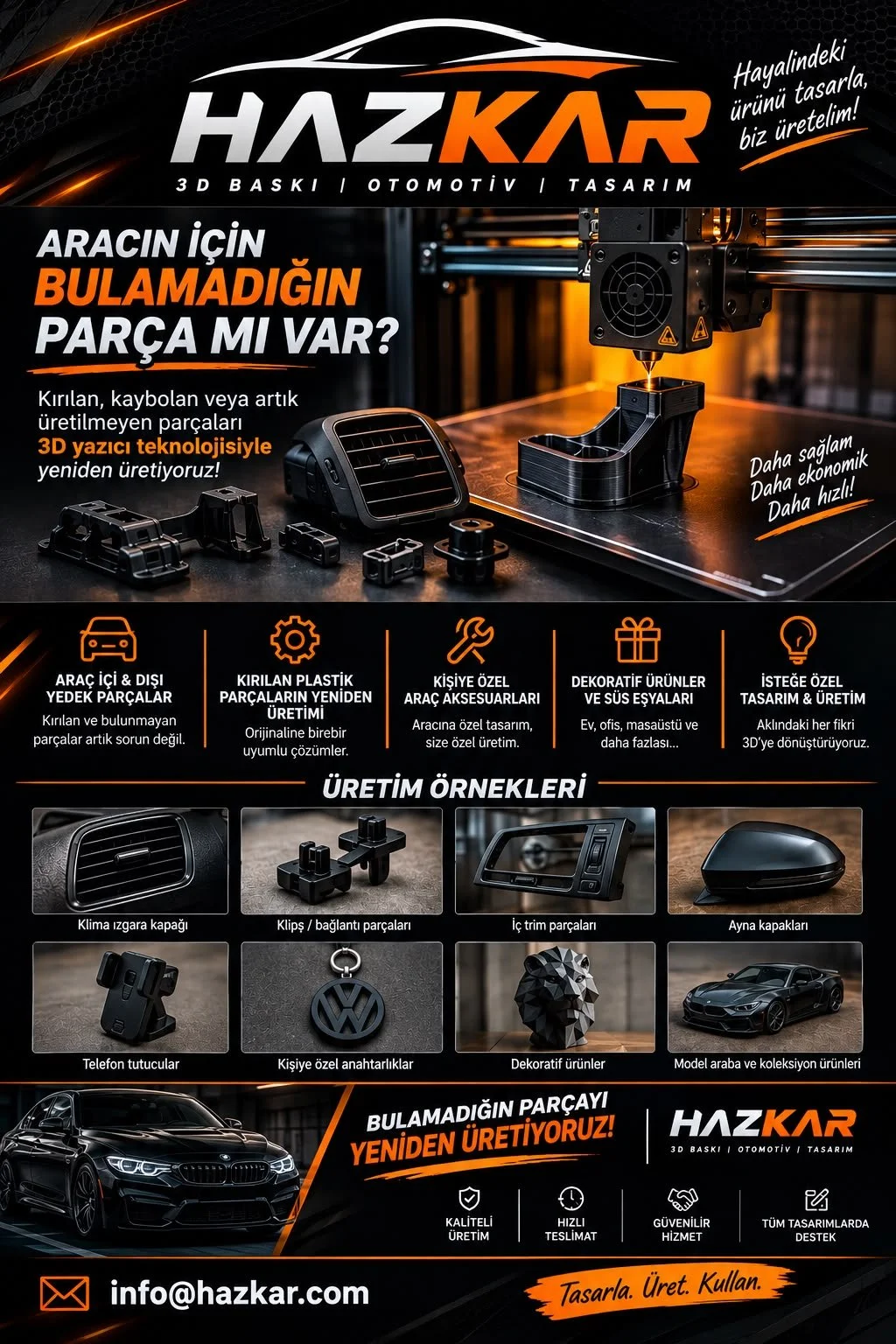 Hazkar logo ve 3D yazıcıyla otomotiv parça üretimi yapan fabrika görüntüsü. Parçalar ve araç içi aksesuarlar örnekleri, birkaç araç dışı ve iç parça görüntüsü. Ayrıca iletişim ve hizmet bilgileri yer almakta.